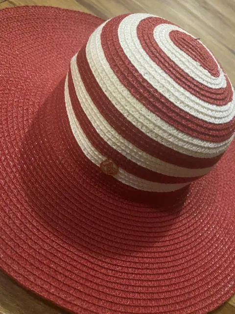 Adrienne Vittadini Logo Straw Oversized Wide Brim Fedora Sun Hat One Size Red