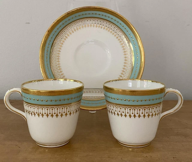 Antique Minton 1872 2 Demitasse Cups + Saucer Gold Encrusted Handpainted G1113