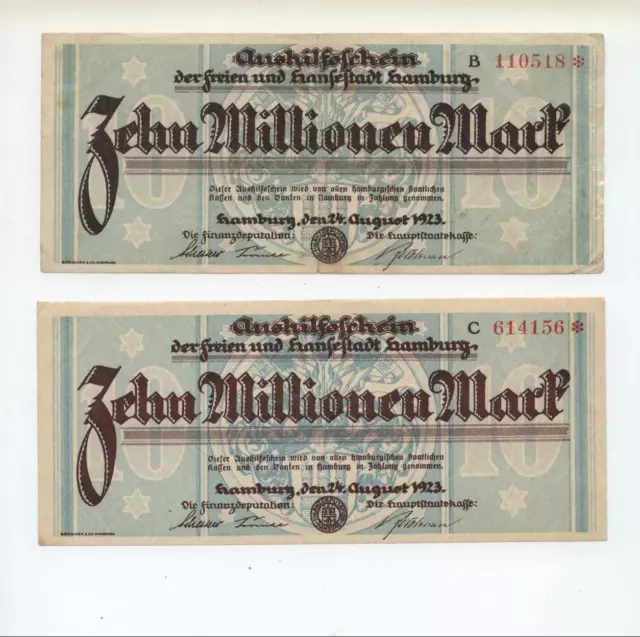 2 Stück  Aushilfsscheine der Hansestadt Hamburg,10 Mio. Mark vom 24. August 1923