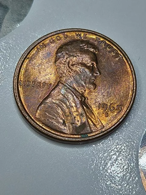 RED 1 CENT 1969 S U.S. Double Die Both Sides. , DIE STRIKE CHEST, Toning