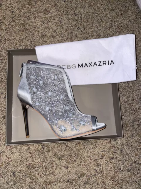 NIB BCBG Max Azria Silver Grey Embellished Booties Heels 8  4.5” $198