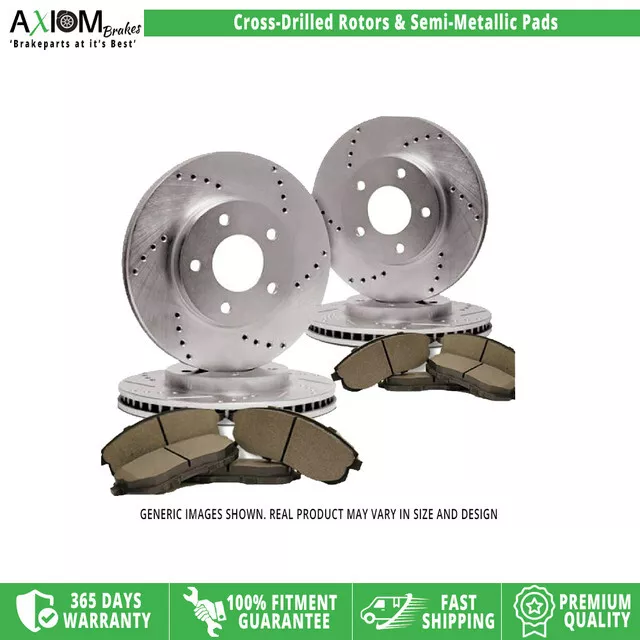 (Front-Rear Kit)Premium Cross Drilled-4 Disc Brake Rotors -8 Semi-Met. Brake Pad