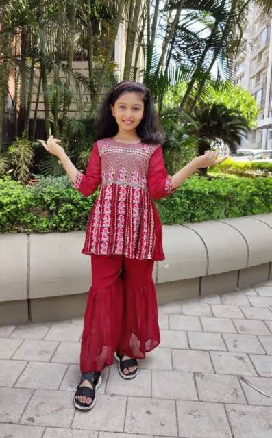 Ropa Eid para niñas festiva y Kurta y Pallazo conjunto rojo bordado ropa de...
