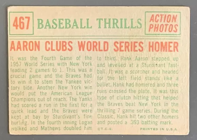1959 Topps #467 Hank Aaron Baseball Thrills PR-GD Milwaukee Braves HOF 2