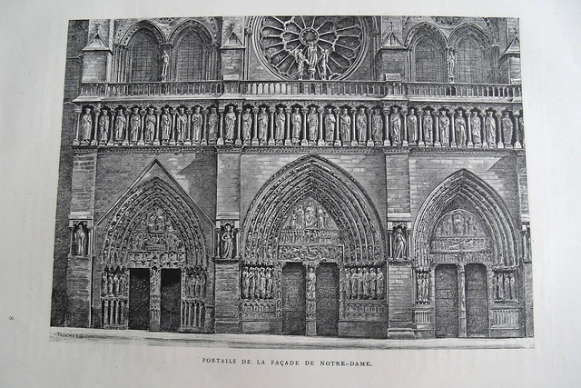 30-7 Gravure 19e vue de Paris - portails de la façade de Notre Dame
