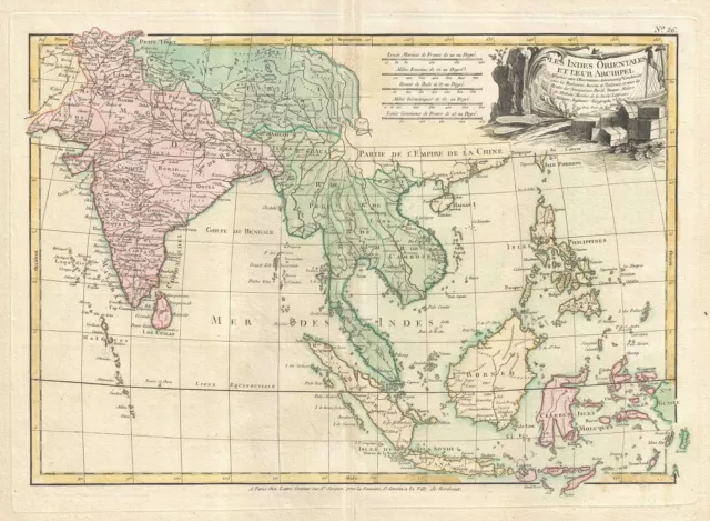 1778 Bonne Map of India, Southeast Asia and The East Indies (Thailand, Borneo)