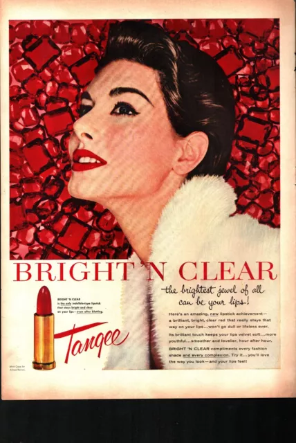 1954 Tangee Bright N Clear Lipstick Woman Makeup Lips Red Vintage Print Ad SEXY