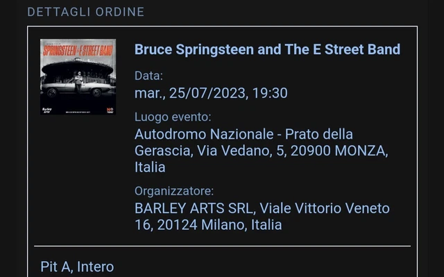 2 biglietti Bruce Springsteen Monza pit A