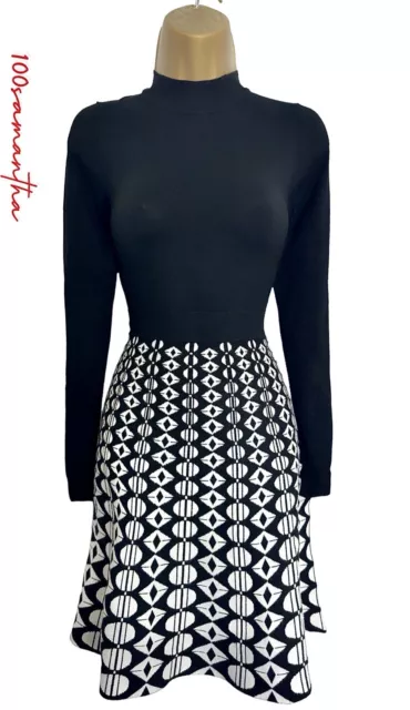 Karen Millen M UK 12 14 FINE KNIT HIGH NECK GEO SKATER DRESS IN BLACK WHITE