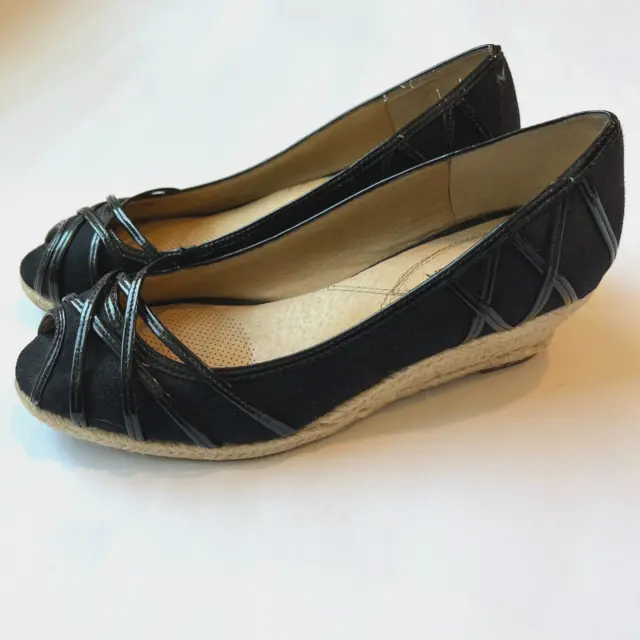 Ciao Bella Espadrille Wedge Peep Toe Slip On Shoes Black Canvas Womens 8.5