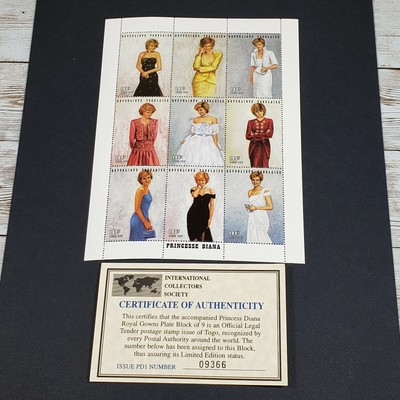 1997 Princess Diana Commemorative Royal Gowns Plate Block of 9 Authentic