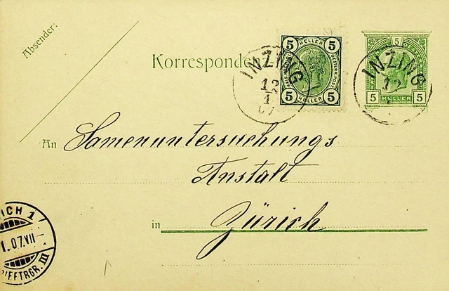 Österreich 1907 5h Frankiert Auf 5h Postal Karte Von Inzing Sich Zuerich Schweiz