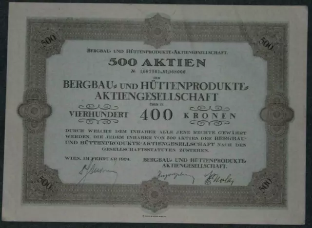 Bergbau- und Hüttenprodukte-Aktiengesellschaft 1924 500 X 400 Kronen mit Restku.