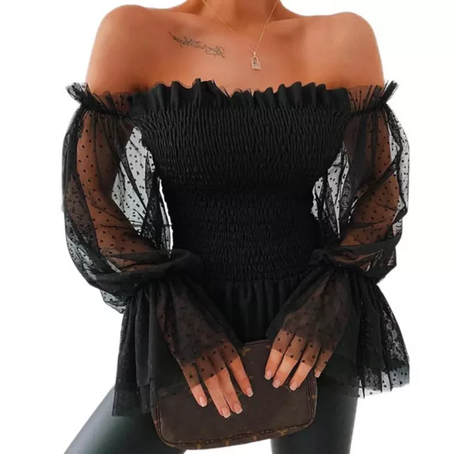 Womens Ladies Ruffle Off Shoulder Long Sleeves Mesh T Shirt Casual Blouse Tops