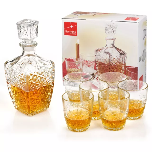 Bormioli Rocco Dedalo Whiskey Decanter & 6 Glasses Tumblers Boxed Wedding Set