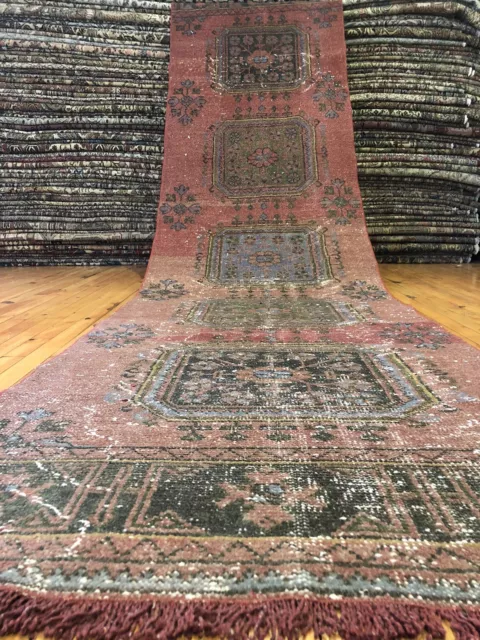 Bohemian Antique 1930-1940s, Wool Pile Vegy Dye Avshar Runner Rug 3x11ft