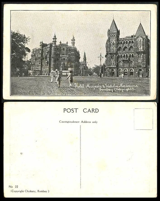 India Old Postcard Majestic Hotel Waterloo Mansions Bombay Street Scene TRAM 22.