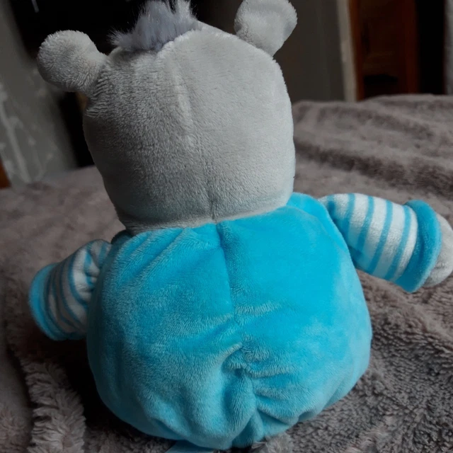 Doudou Boule Hochet Hippopotame Obaïbi Bleu Et Gris Rayures Blanches 5