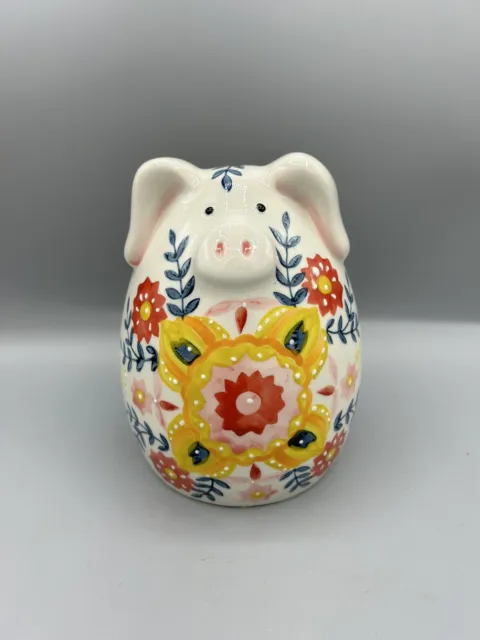 Pier 1 Ceramic floral flower folk Art piggy bank figurine boho shabby 6” OMYLFQ