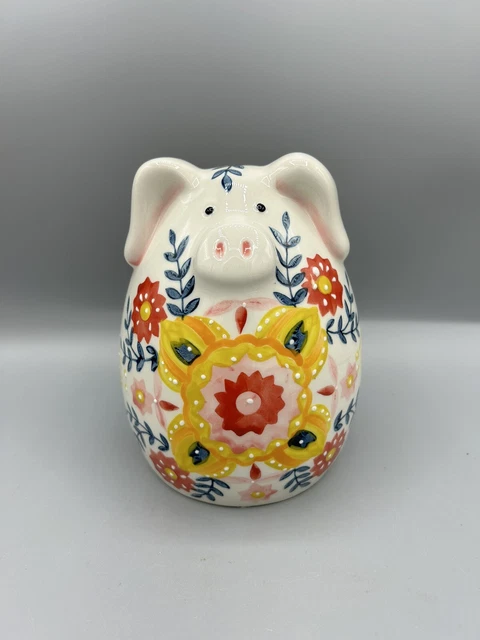 Pier 1 Ceramic floral flower folk Art piggy bank figurine boho shabby 6” OMYLFQ