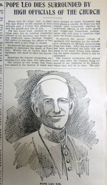 4 1903 newspapers w DEATH of POPE LEO XIII & ELECTION of PIUS X as the NEW POPE