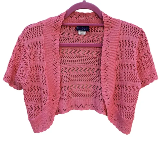 Vintage Cropped Shrug Cardigan Sweater Short Sleeve Pink Large 90s Y2K Crochet