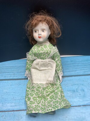 Vintage White Porcelain Girl Doll Red Hair in Green Flower Dress 12" #366