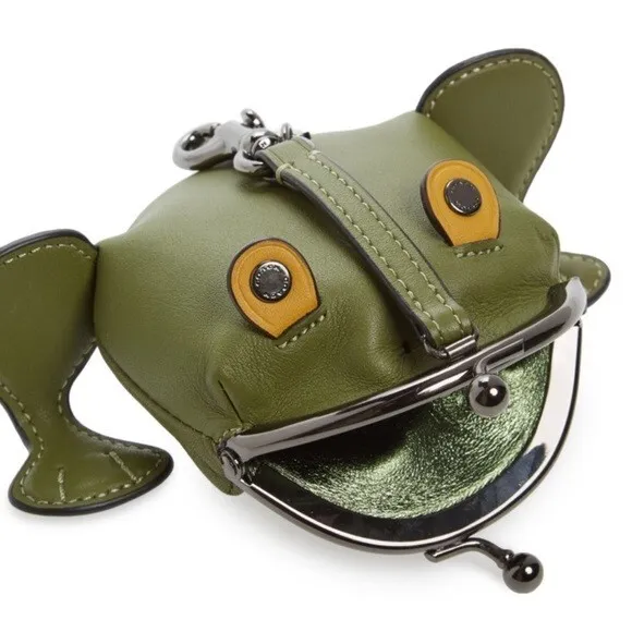Coach Frog GREEN Kisslock Coin Bag Keychain Fob Charm Froggy Metallic Key 21094