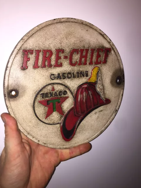 Texaco Fire Chief Sign Fireman Collector Cast Iron Patina Plaque Firefighter