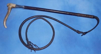 Antico Signore whangee BAMBOO Riding Whip/coltura con manico di corno e argento collare 