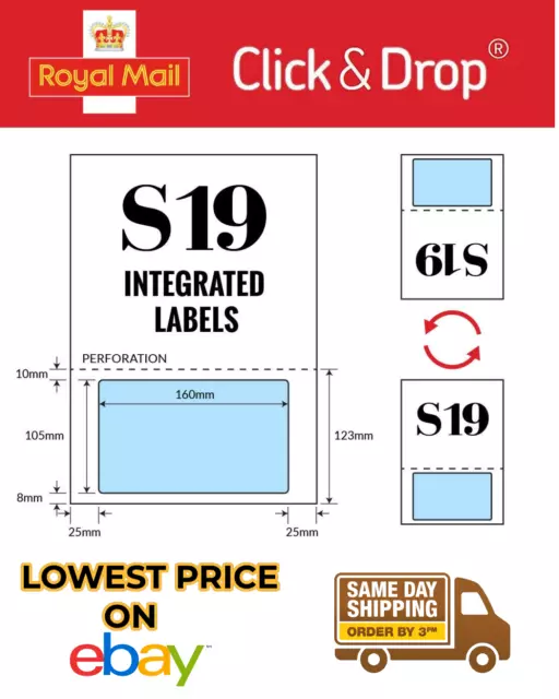 LABELS - A4 INTEGRATED LABELS STYLE S19 - 160mm x 105mm ROYAL MAIL CLICK & DROP