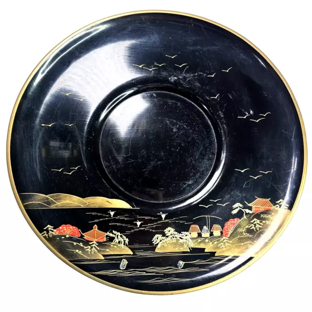 Vintage Japanese Black Lacquer Ware Hand painted Landscape Plate 11.5" Diameter