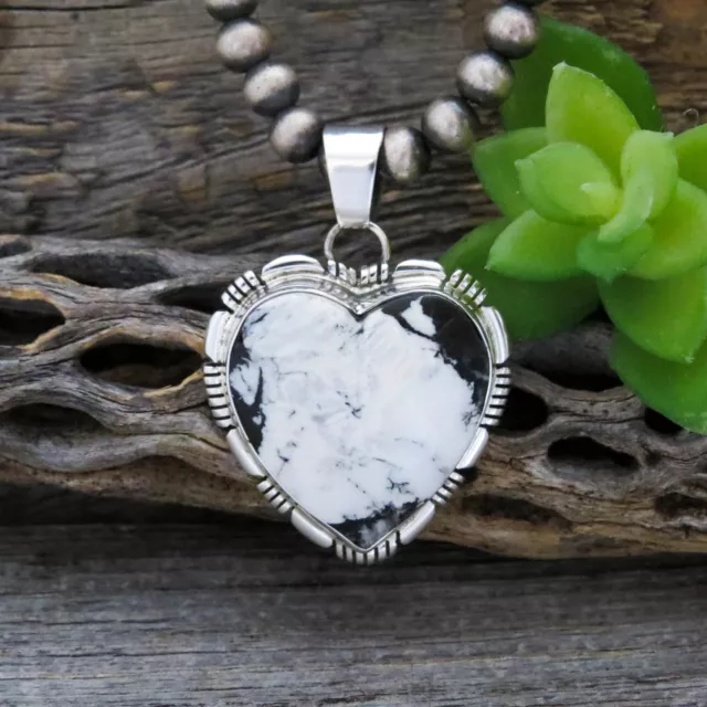 Native American Navajo White Buffalo Sterling Silver Large Heart Pendant