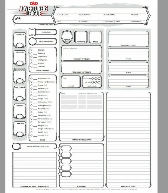 SET OF 12 D&D 5e CHARACTER SHEETS 5th Edition Dungeons & Dragons RPG
