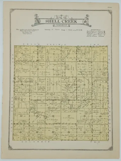 1922 Shell Creek Township Plat Map Platte County Nebraska