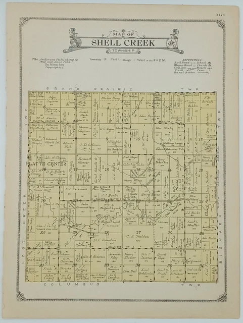 1922 Shell Creek Township Plat Map Platte County Nebraska