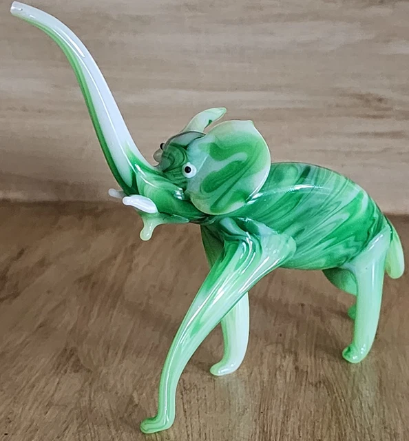 Unique Marbled Green & White Glass Elephant Figurine PLEASE READ
