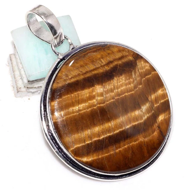 925 Silver Plated-Tiger Eye Ethnic Gemstone Round Pendant Jewelry 1.7" JW