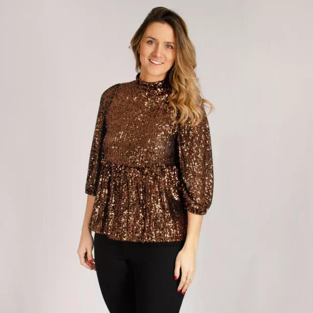 Bronze Sparkle Sequin Top Fit Flare Peplum Blouse 3/4 Sleeve