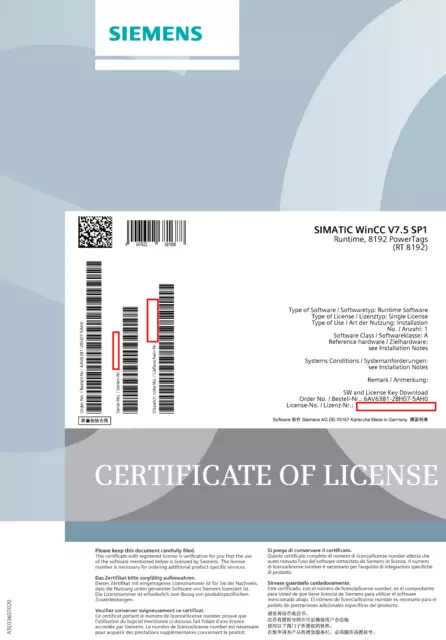 Siemens 6AV6381-2BH07-5AH0 license WinCC system software V7.5 SP2, RT 8192 tags