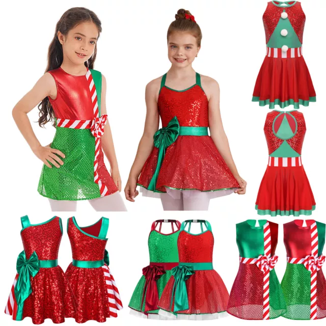 Kids Girls Sequins Christmas Santa Elf Cosplay Fancy Dress Dance Party Costume