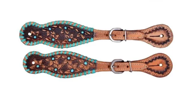 Showman Ladies Leather Spur Straps w/ Tooled Flowers & Teal Accents