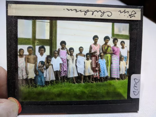 Colored Glass Magic Lantern Slide DWD FIJI NATIVE CHILDREN WITH ADULTS IN DRESS