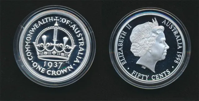 Australia: 1998/1937 Crown 50c Pure Silver Masterpiece in silver. 38mm dia