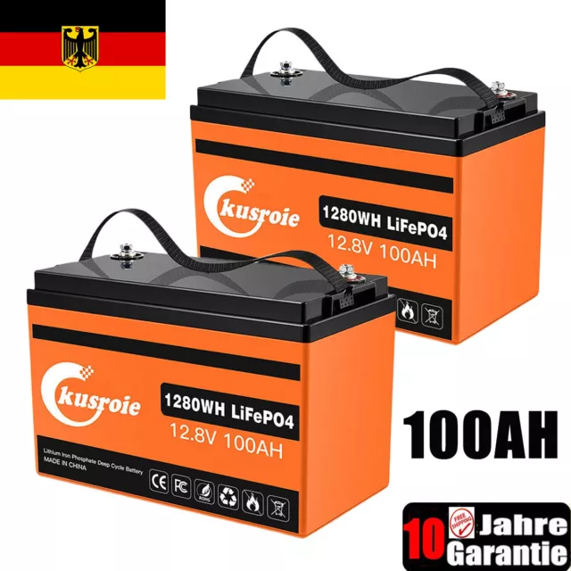 1~2x 12V 100Ah Kusroie Lithium LiFePO4 Akku für Wohnmobil Solar Batterie Boot