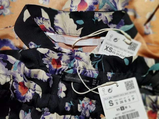 ZARA FLORAL ORIENTAL Top XS Trousers S Feather Cuff Coord Set Blue