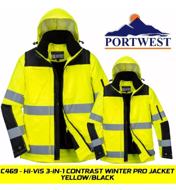 PORTWEST Pro Hi Vis 3 in 1 Giacca Impermeabile Fodera in Pelliccia Due Vie Cerniera Sicurezza C469
