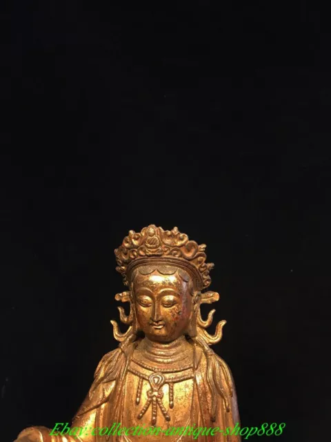 Old Chinese Bronze Gilt Buddhism Seat Kwan-yin Guanyin Quan Yin Goddess Statue 2