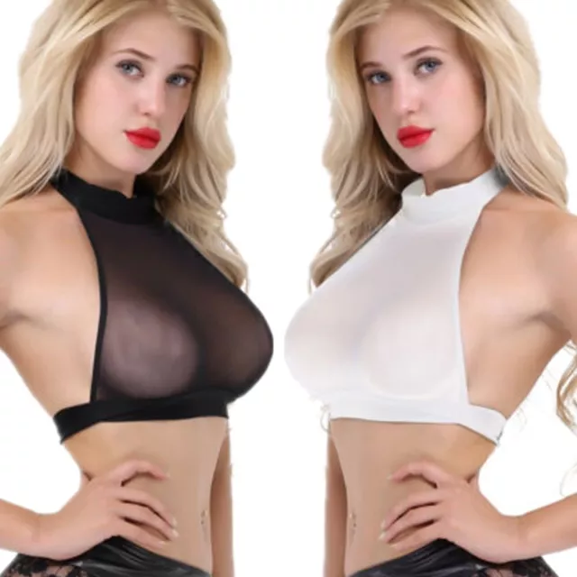 Sexy Women Halter Neck Mesh See-Through Bra Vest Tank Blouses Crop Tops Clubwear