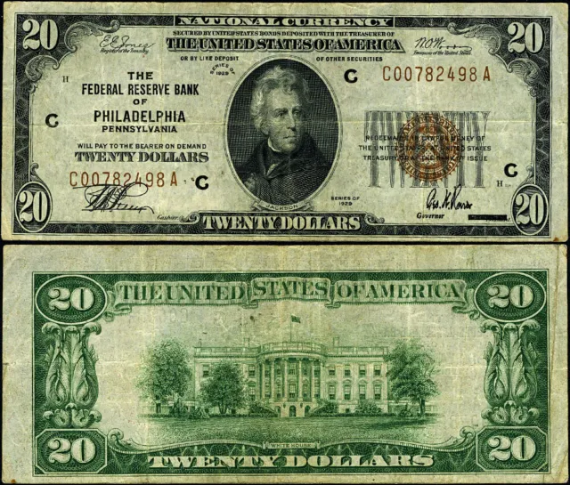 FR. 1870 C $20 1929 Federal Reserve Bank Note Philadelphia C-A Block VF